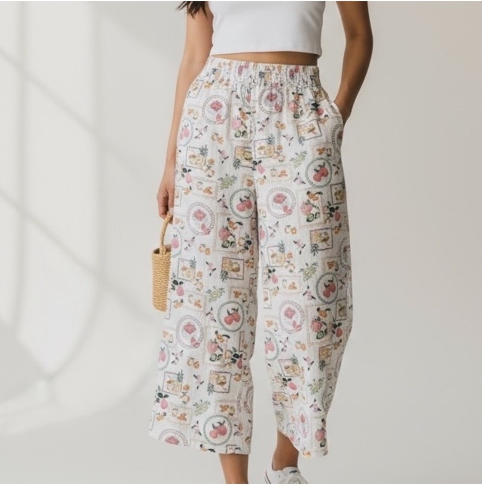 Joie Pull‎ On Linen Blend Fruit Wide Leg Pants Large